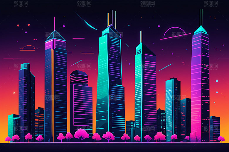 霓虹城市地标建筑插画