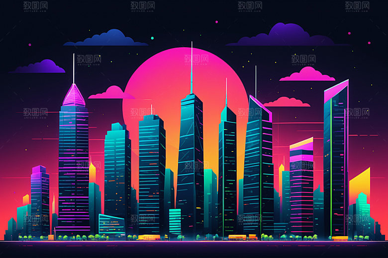 霓虹城市赛博朋克地标插画