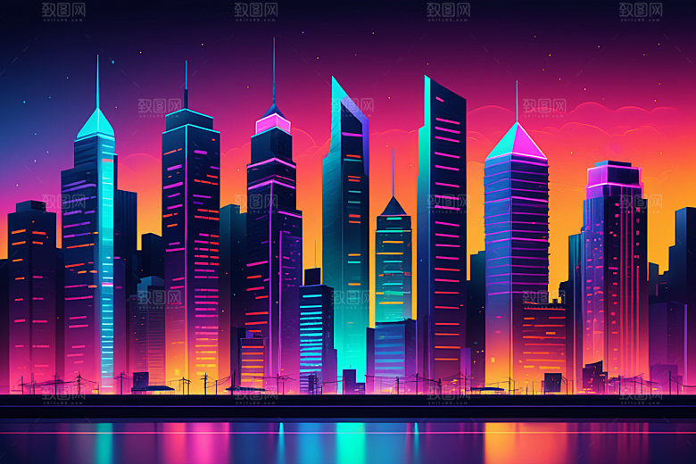 霓虹城市都市赛博朋克插画