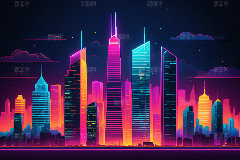 霓虹城市赛博朋克元素插画
