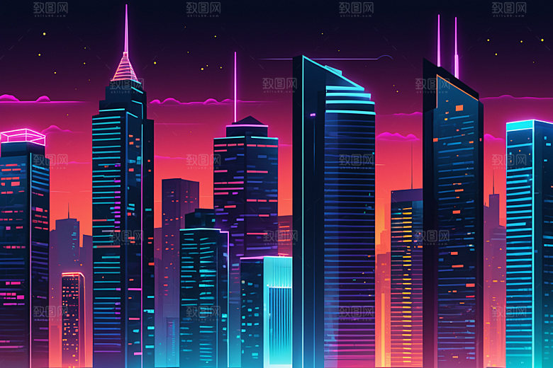 霓虹城市时尚建筑插画