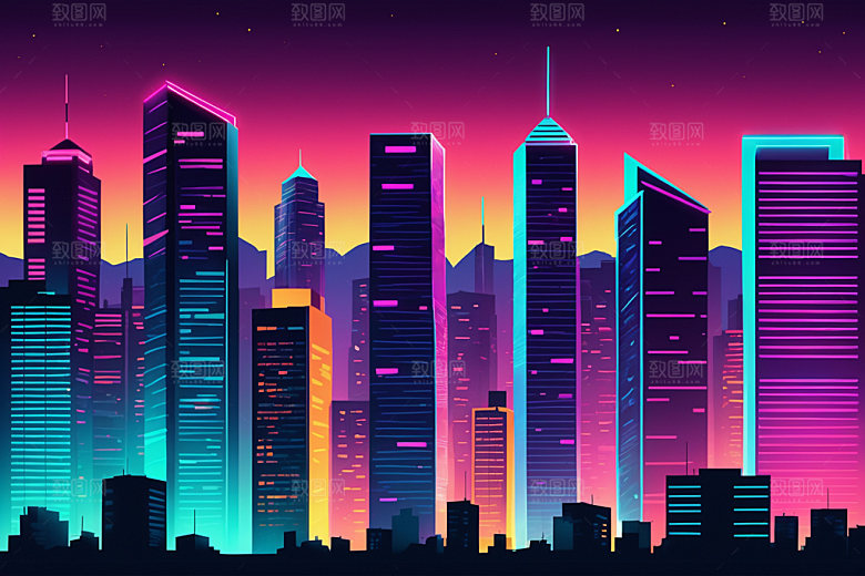 霓虹城市建筑彩色插画