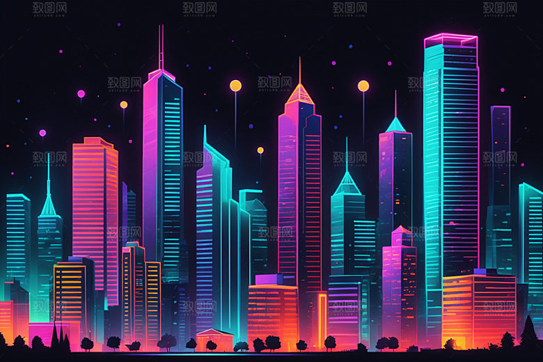霓虹城市赛博朋克建筑插画