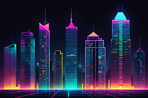 霓虹城市地标元素插画