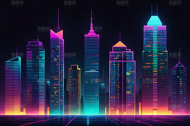 霓虹城市地标元素插画