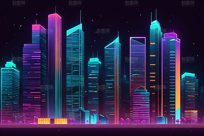 霓虹城市地标彩色插画