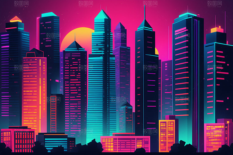 霓虹城市未来彩色插画