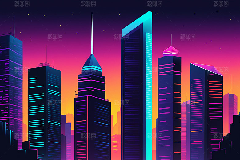 霓虹城市科技感都市插画