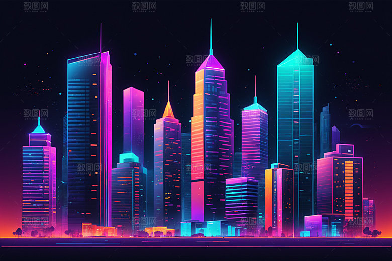 霓虹城市建筑未来插画