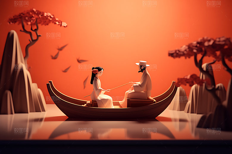 牛郎织女幻想国潮人物模型