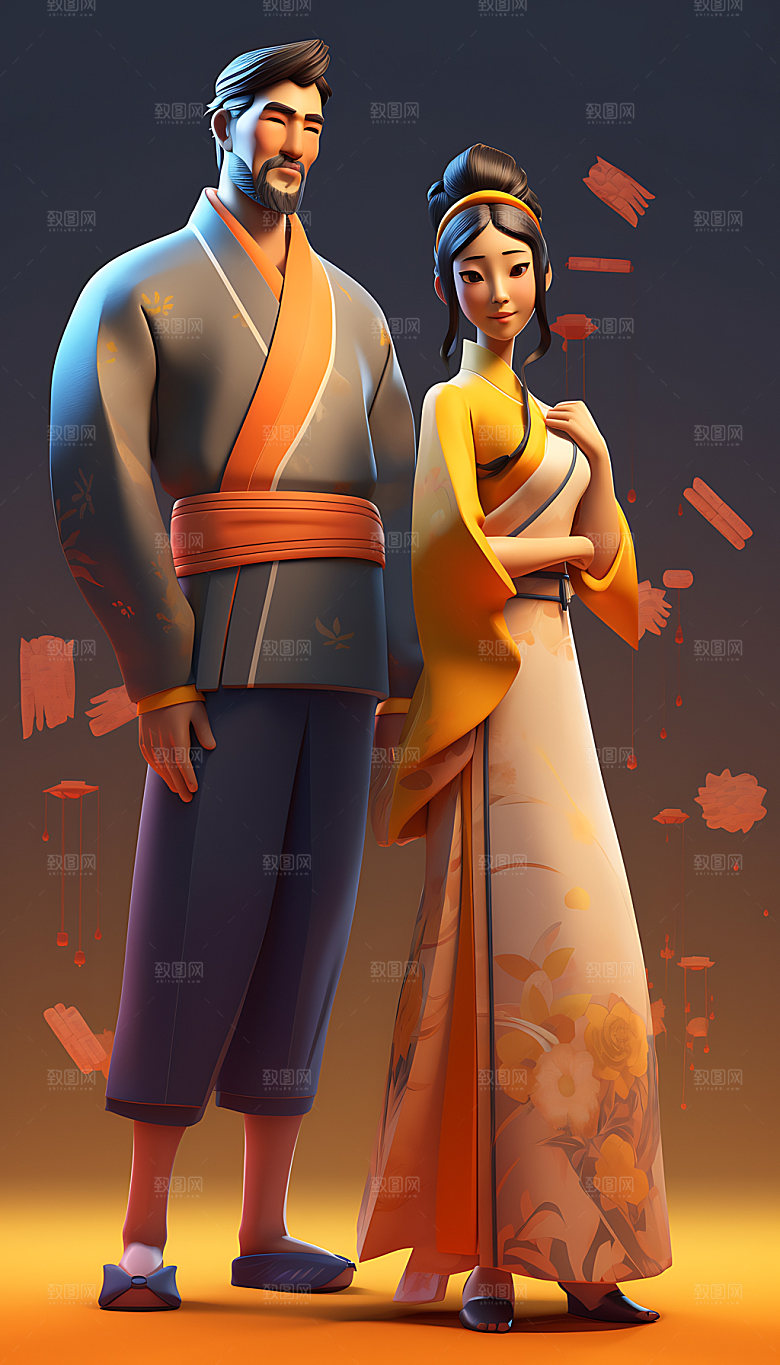 牛郎织女七夕情侣中国风人物模型