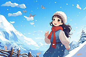 冬季雪景人物插画可爱矢量素材