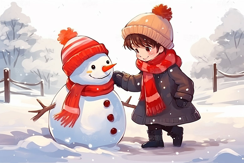 冬季雪景小清新女孩赏雪矢量素材