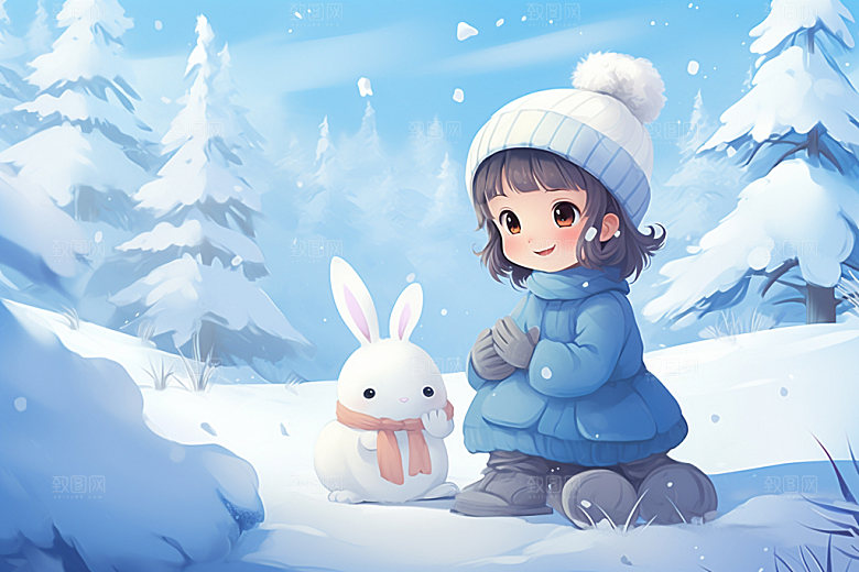 冬季雪景卡通女孩赏雪矢量素材