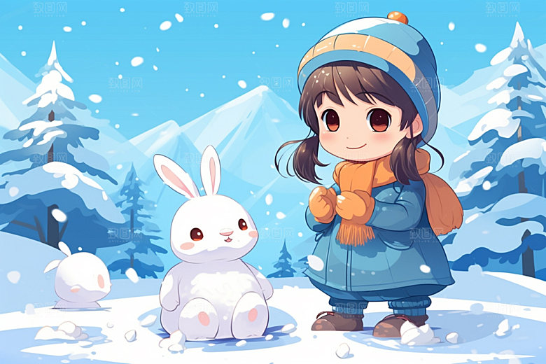 冬季雪景卡通人物插画矢量素材