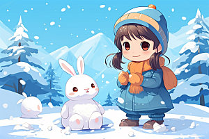 冬季雪景卡通人物插画矢量素材