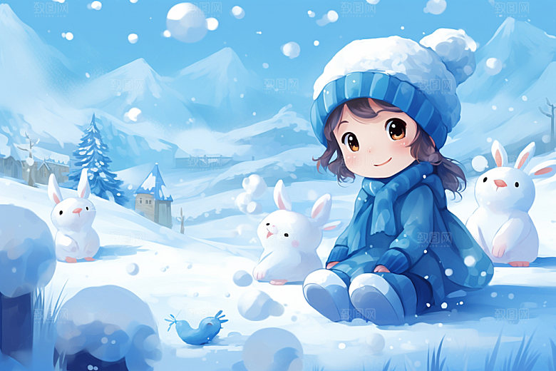 冬季雪景卡通人物插画矢量素材