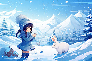 冬季雪景人物插画小清新矢量素材