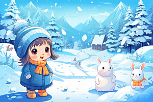 冬季雪景女孩赏雪人物插画矢量素材