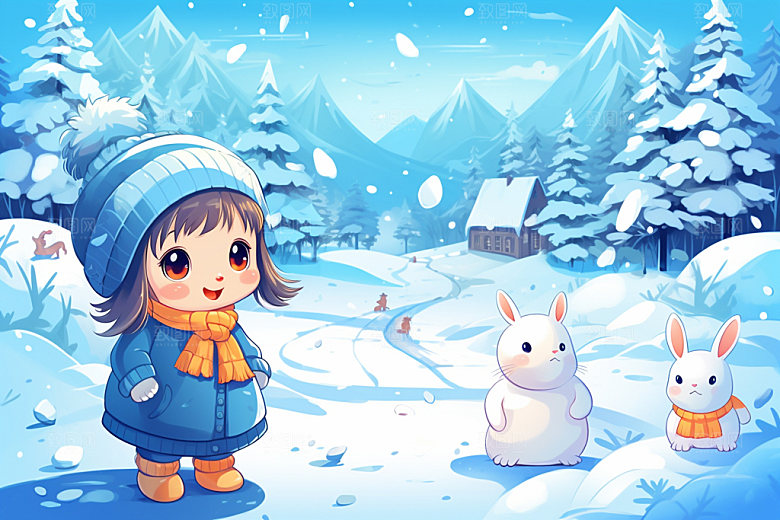 冬季雪景女孩赏雪人物插画矢量素材
