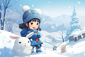 冬季雪景卡通人物插画矢量素材