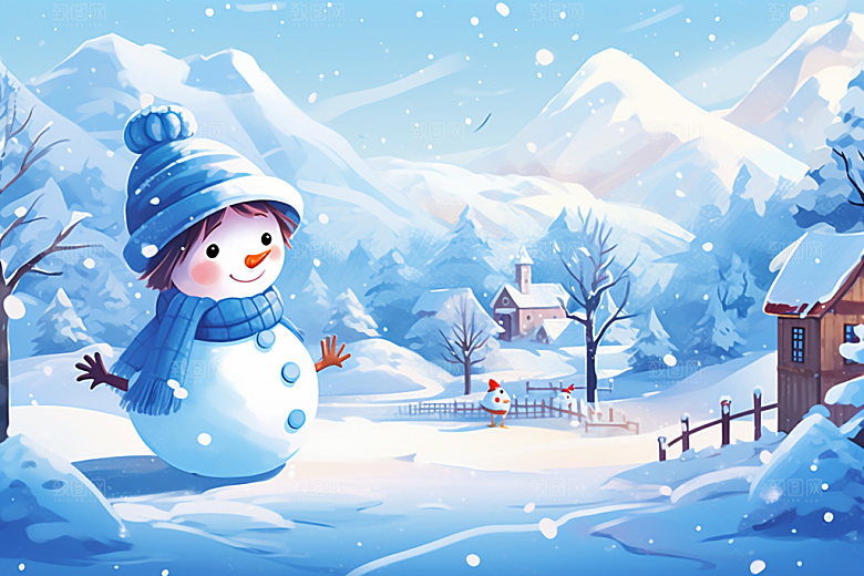 冬季雪景堆雪人小清新矢量素材