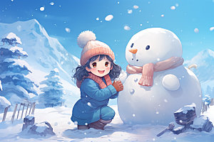 冬季雪景人物插画女孩赏雪矢量素材