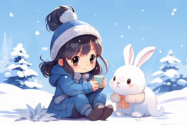 冬季雪景人物插画女孩赏雪矢量素材