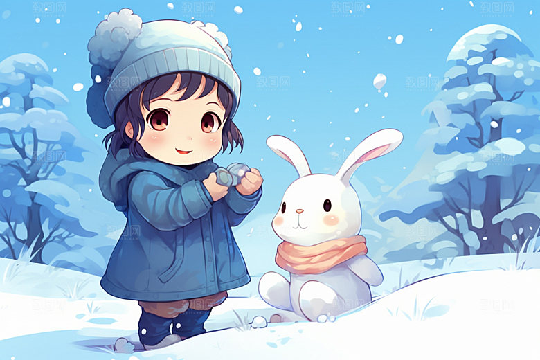 冬季雪景女孩赏雪小清新矢量素材