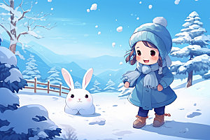 冬季雪景场景背景人物插画矢量素材