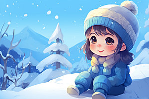 冬季雪景女孩赏雪小清新矢量素材