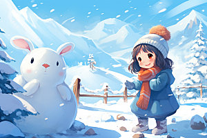 冬季雪景女孩赏雪人物插画矢量素材