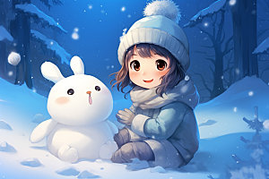 冬季雪景堆雪人小清新矢量素材