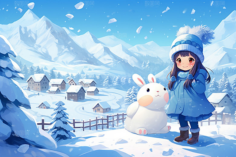 冬季雪景女孩赏雪小清新矢量素材
