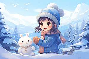 冬季雪景人物插画可爱矢量素材