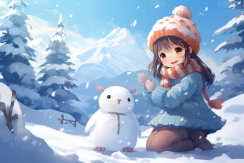 冬季雪景人物插画女孩赏雪矢量素材