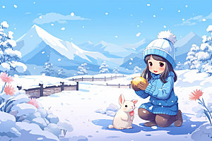 冬季雪景人物插画场景背景矢量素材