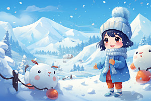 冬季雪景可爱人物插画矢量素材