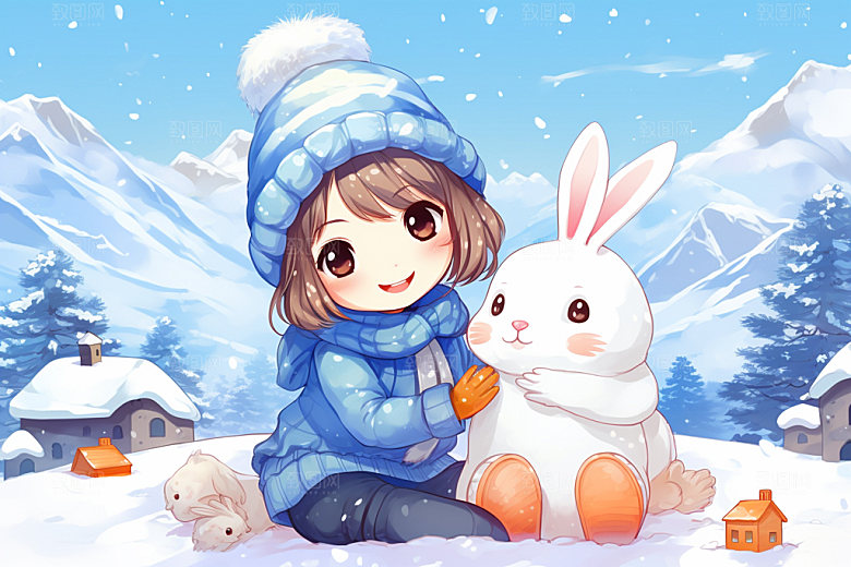 冬季雪景堆雪人女孩赏雪矢量素材