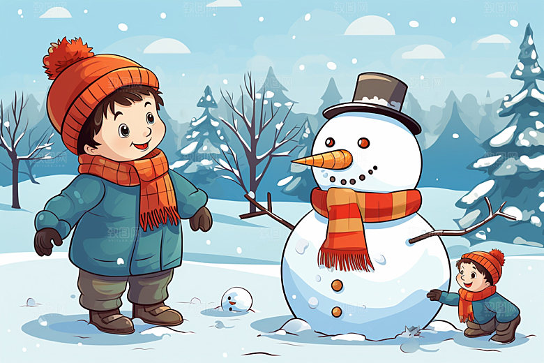 冬季雪景小清新卡通矢量素材