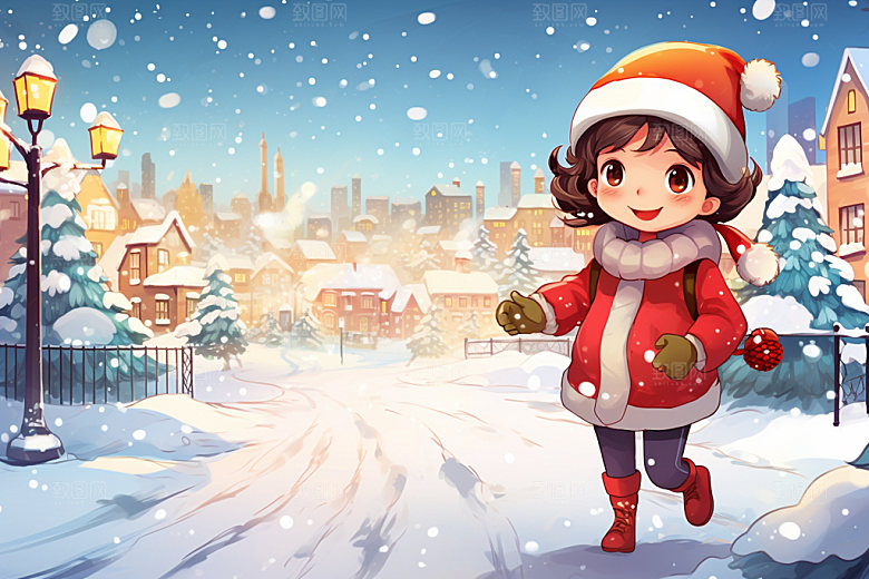 冬季雪景人物插画女孩赏雪矢量素材