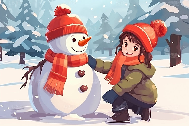冬季雪景可爱人物插画矢量素材