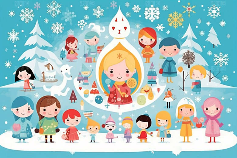 冬季雪景堆雪人卡通矢量素材