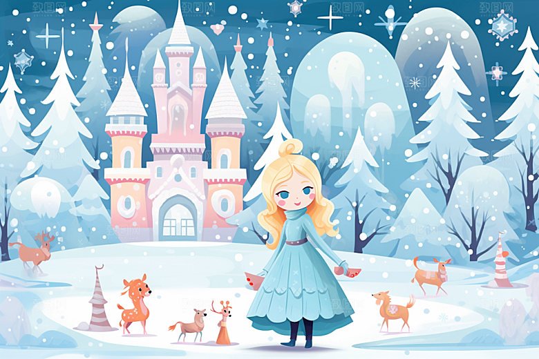 冬季雪景小清新人物插画矢量素材