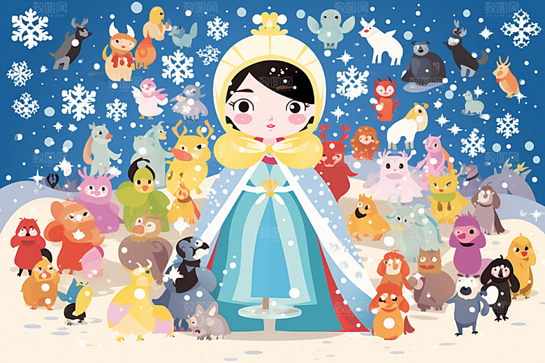 冬季雪景女孩赏雪小清新矢量素材