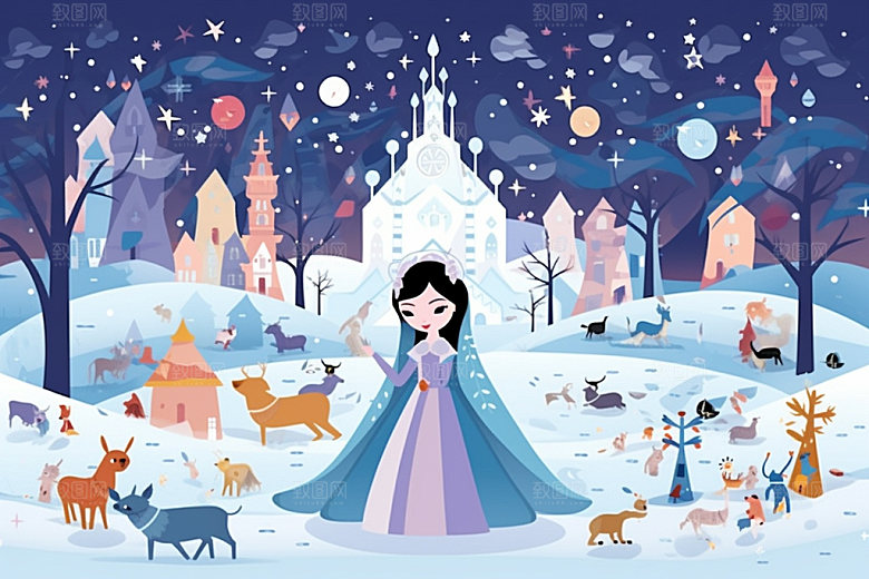 冬季雪景人物插画堆雪人矢量素材