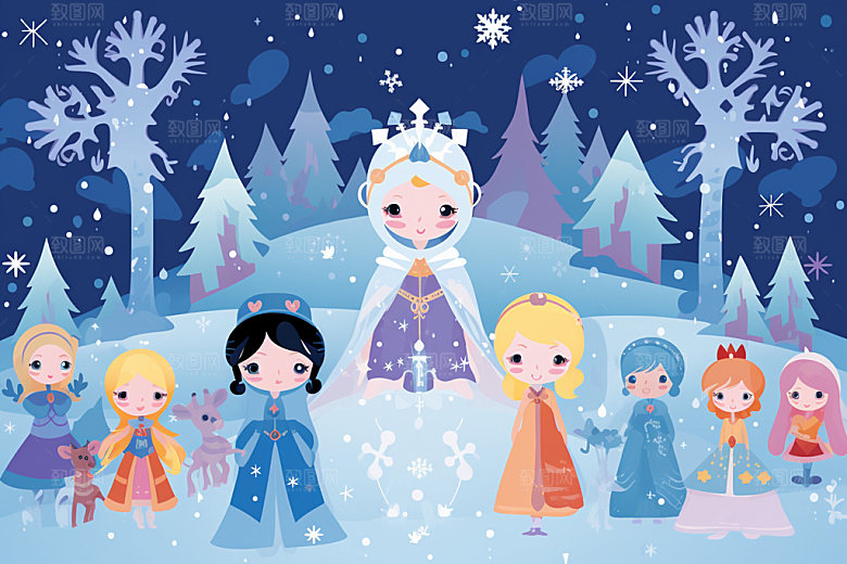 冬季雪景小清新人物插画矢量素材