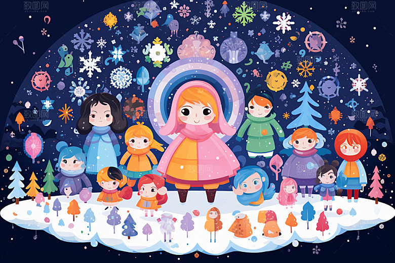 冬季雪景场景背景人物插画矢量素材