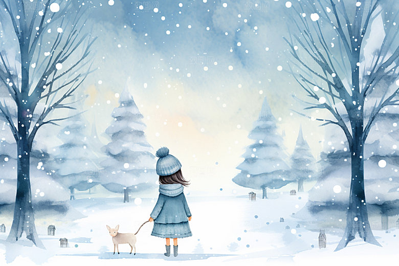 冬季雪景女孩赏雪人物插画矢量素材