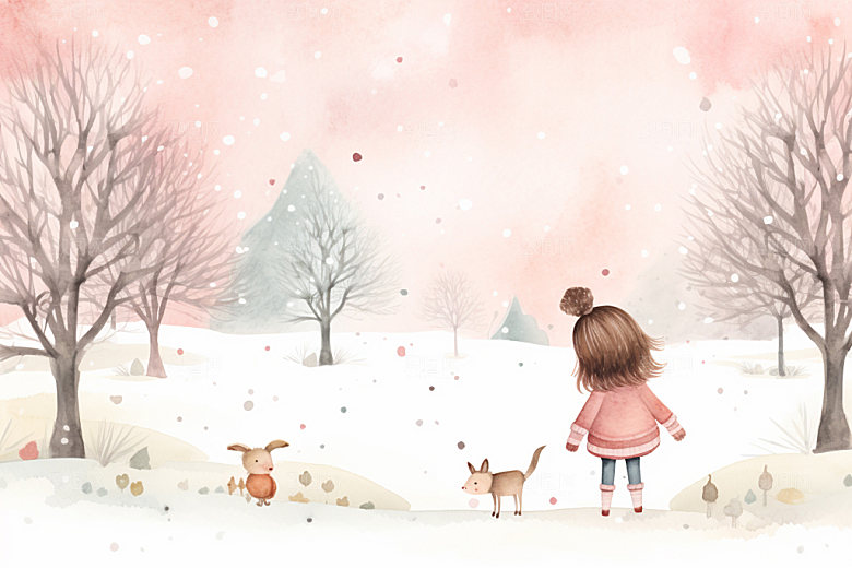 冬季雪景人物插画堆雪人矢量素材